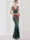 Spring Elegant Green Bling Sequins V Neck Tassel Gradient Mermaid Evening Dress