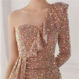 Winter Elegant Pink Sequins Ruffled One Shoulder Long Sleeve Slit Formal Party Evening Dress