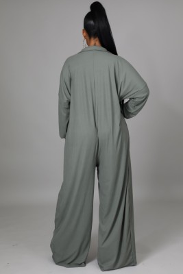 Spring Casual Grey Button Open Turndown Collar Long Sleeve Loose Jumpsuit