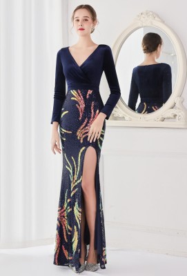 Winter Elegant Blue Velvet With Sequins Deep V Neck Long Sleeve Slit Cocktail Eevening Dress