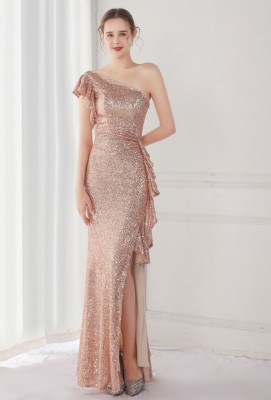 Summer Elegant Pink One Shoulder Slit Cocktail Eevening Dress