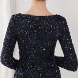 Winter Elegant Black Deep V Neck Long Sleeve Slit Cocktail Eevening Dress