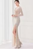 Winter Elegant Beige Velvet With Sequins Deep V Neck Long Sleeve Slit Cocktail Eevening Dress