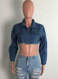 Winter Fashion Blue Ripped Button Long Sleeve Short Jeans Jacket