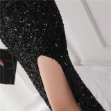 Winter Elegant Black Deep V Neck Long Sleeve Slit Cocktail Eevening Dress