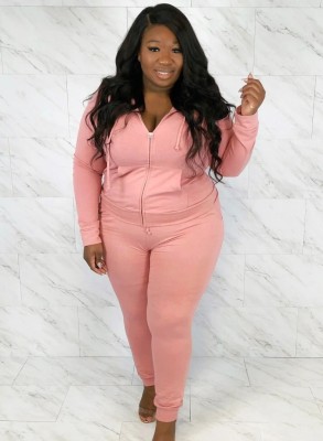 Winter Plus Size Sportwear Pink Zipper Backside Print Long Sleeve Hoodies And Pant Wholesale 2 Piece Sets