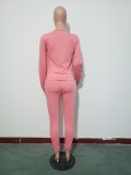 Spirng Casual Pink Print Round Neck Long Sleeve Top And Pant Cheap Wholesale Two Piece Sets