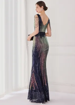 Spring Plus Size Elegant Navy Bling Sequins V Neck Tassel Gradient Mermaid Evening Dress