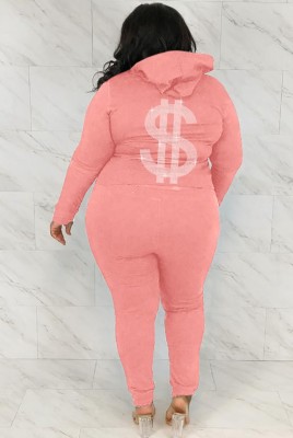 Winter Plus Size Sportwear Pink Zipper Backside Print Long Sleeve Hoodies And Pant Wholesale 2 Piece Sets
