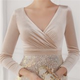 Winter Elegant Beige Velvet With Sequins Deep V Neck Long Sleeve Slit Cocktail Eevening Dress