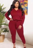 Winter Plus Size Red V Neck Long Sleeve Top And Pant Wholesale Two Piece Sets