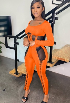 Spring Sexy Orange See Through Bandage Long Sleeve Top And Pant Wholesale Two Piece Clothing