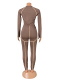 Spring Sexy Kahaki Zipper Long Sleeve Crop Top And Pant Wholesale Two Piece Clothing