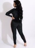 Spring Sxey Black Rhinestone See Through Mesh Long Sleeve Jumpsuit