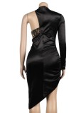 Spring Sxey Black Squins Cut Out One Shoulder Long Sleeve Ruffles Dress