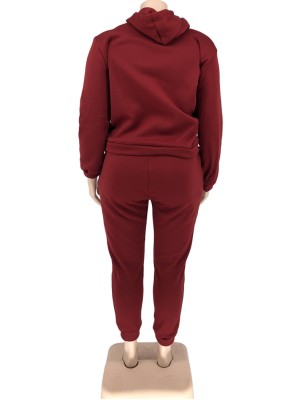 Winter Plus Size Sportwear Burgundy Print Long Sleeve Hoodies And Pant Wholesale Womens 2 Piece Sets