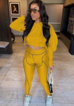 Fall Casual Yellow Puff Long Sleeve With Hoody Crop Top And Line Legging Tracksuit