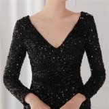 Winter Elegant Black Deep V Neck Long Sleeve Slit Cocktail Eevening Dress