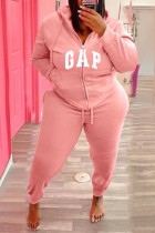 Winter Plus Size Sportwear Pink Zipper Print Long Sleeve Hoodies And Pant Wholesale 2 Piece Sets