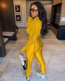 Fall Casual Yellow Puff Long Sleeve With Hoody Crop Top And Line Legging Tracksuit