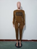 Spirng Casual Brown Print Round Neck Long Sleeve Top And Pant Cheap Wholesale Two Piece Sets