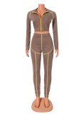 Spring Sexy Kahaki Zipper Long Sleeve Crop Top And Pant Wholesale Two Piece Clothing
