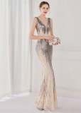 Spring Plus Size Elegant Beige Bling Sequins V Neck Tassel Gradient Mermaid Evening Dress