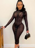 Spring Sexy Black See Through Long Sleeve Midi Dress