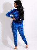 Spring Sxey Blue Rhinestone See Through Mesh Long Sleeve Jumpsuit