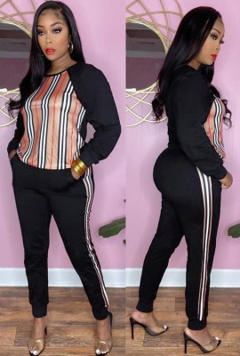 Winter Wholesale Womens Stripes Patch Black Long Sleeve Top And Pants Wholesale Womens 2 Piece Sets