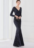 Winter Elegant Black Deep V Neck Long Sleeve Slit Cocktail Eevening Dress