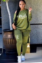 Spring Casual Green Print Slash Shoulder Shirt And Pant Wholesale Womens 2 Piece Sets