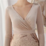 Winter Elegant Kahaki Velvet With Sequins Deep V Neck Long Sleeve Slit Cocktail Eevening Dress