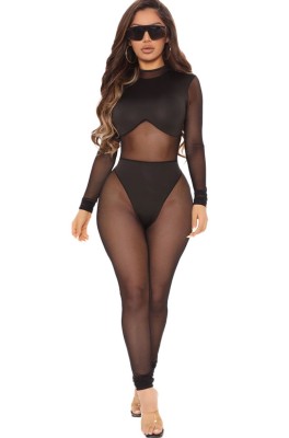 Spring Sexy Black See Through Long Sleeve Jumpsuit