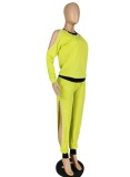 Spring Sxey Yellow Rhinestone Cut Out Long Sleeve Round Neck Top And Pant Wholesale 2 Piece Sets