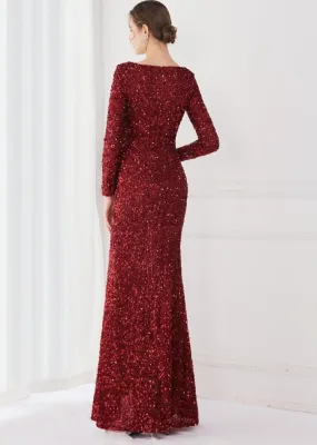 Winter Elegant Red Deep V Neck Long Sleeve Slit Cocktail Eevening Dress