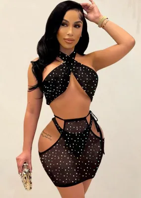 Spring Sxey Black Rhinestone Crop Top And Briefs And Cut Out Mini Dress 3 Pieces Set