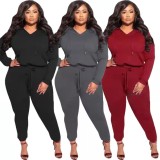 Winter Plus Size Black V Neck Long Sleeve Top And Pant Wholesale Two Piece Sets