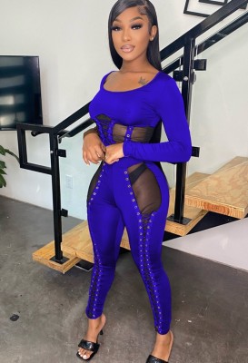 Spring Sexy Blue See Through Bandage Long Sleeve Top And Pant Wholesale Two Piece Clothing