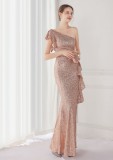 Summer Elegant Pink One Shoulder Slit Cocktail Eevening Dress