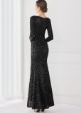 Winter Elegant Black Deep V Neck Long Sleeve Slit Cocktail Eevening Dress