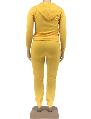 Winter Plus Size Sportwear Yellow Zipper Print Long Sleeve Hoodies And Pant Wholesale 2 Piece Sets