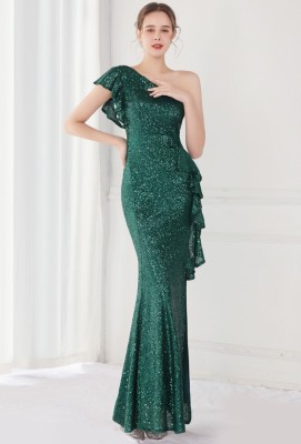 Summer Elegant Green One Shoulder Slit Cocktail Eevening Dress