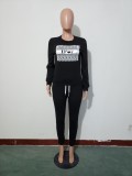 Spirng Casual Black Print Round Neck Long Sleeve Top And Pant Cheap Wholesale Two Piece Sets