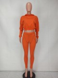 Fall Casual Orange Puff Long Sleeve With Hoody Crop Top And Line Legging Tracksuit