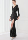 Winter Elegant Black Deep V Neck Long Sleeve Slit Cocktail Eevening Dress