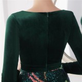 Winter Elegant Green Velvet With Sequins Deep V Neck Long Sleeve Slit Cocktail Eevening Dress