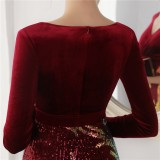 Winter Elegant Red Velvet With Sequins Deep V Neck Long Sleeve Slit Cocktail Eevening Dress