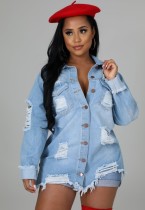 Winter Fashion Blue Ripped Button Long Sleeve Jeans Dress