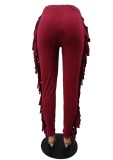 Spring Fashion Red Casual Tassels High Waist Pant